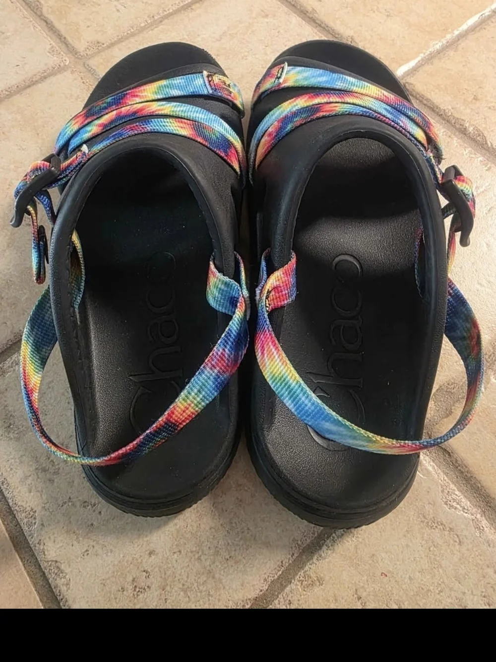 Chaco Kids Black Sandals with Rainbow Tie-Dye Straps